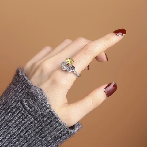 925 Sterling Silver Contrast Color Clover Flower Adjustable Open Ring For Women Vintage Rhinestone Inlaid Fashion Ring Jewelry