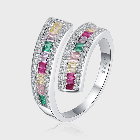 S925 Sterling Silver Colorful Zirconia Adjustable Open Ring For Women Minimalist Wrap Design Pave Zirconia Finger Ring