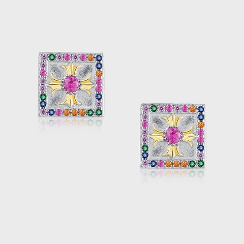 Boucles d'Oreilles Clous Croix Carrée en Argent Sterling 925 avec Strass Colorés Gothique Vintage Bijoux de Mode Femme