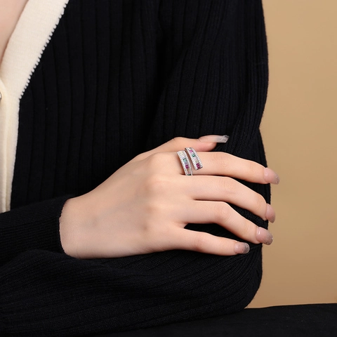 S925 Sterling Silver Colorful Zirconia Adjustable Open Ring For Women Minimalist Wrap Design Pave Zirconia Finger Ring