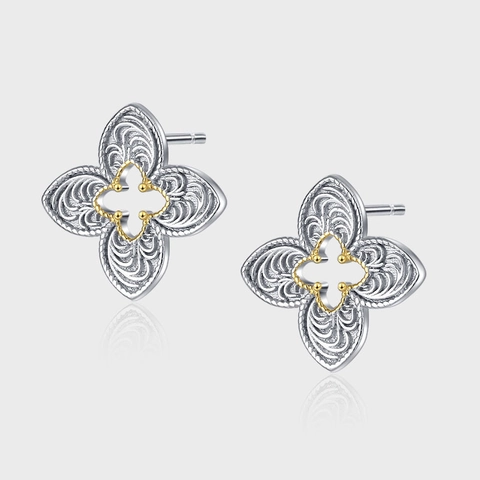 S925 Sterling Silver Gold Silver Two-Tone Arabesque Four Leaf Clover Stud Earrings For Women Hollow Engraved Earrings