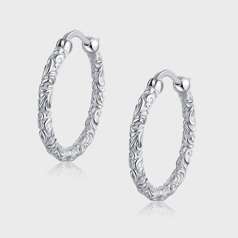 925 Sterling Silver Hoop Earrings For Women Vintage Engraved Floral Pattern Ethnic Style Fashion Jewelry Ear Buckles Gift