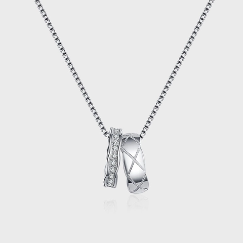 925 Sterling Zilver Dubbele Ring Hanger Halsketting Voor Dames Gewatteerd Patroon Strass Sleutelbeen Ketting Sieraden