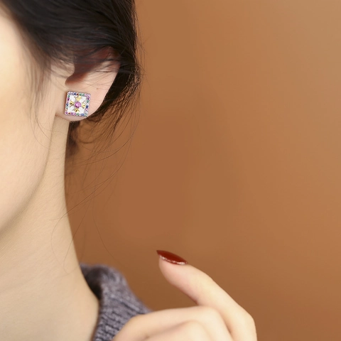 Boucles d'Oreilles Clous Croix Carrée en Argent Sterling 925 avec Strass Colorés Gothique Vintage Bijoux de Mode Femme