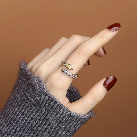 Anillo Abierto de Serpiente de Plata de Ley 925 Bicolor Oro Plata Ajustable Textura Individual Strass Anillo de Animal para Mujer Joyería