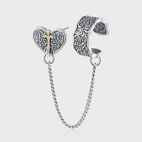 Vintage 925 Argento Sterling Orecchino a Bottone a Cuore Con Ear Cuff Catena Gothic Punk Cuore Croce Gioielli per Donna