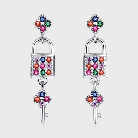 925 Sterling Silver Multicolor Rhinestone Key Lock Drop Earrings Elegant Long Tassel Earrings Fashion Jewelry For Women