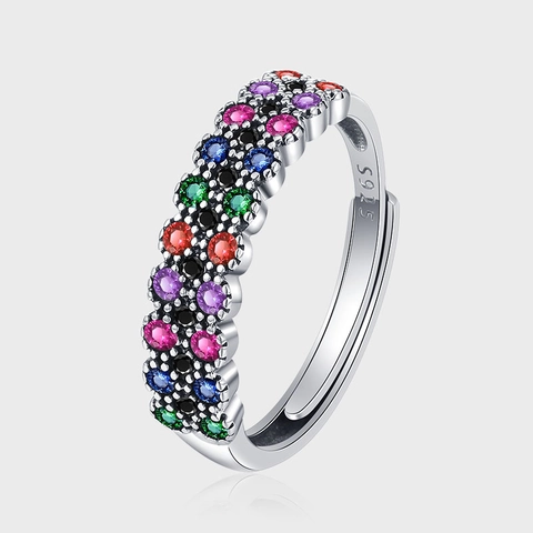 Retro 925 Sterling Silver Double Row Colorful Zirconia Adjustable Open Ring For Women Personalized Fashion Jewelry Gift