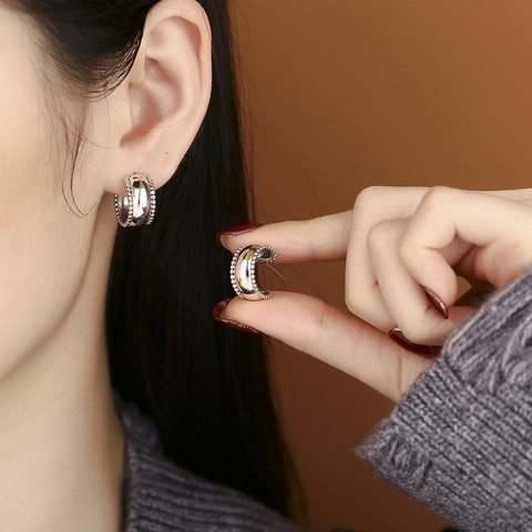 925 Sterlingsilber Perlenkante C-Form Ohrstecker Vintage Poliert Breite Creolen Für Damen Minimalistischer Schmuck Geschenk