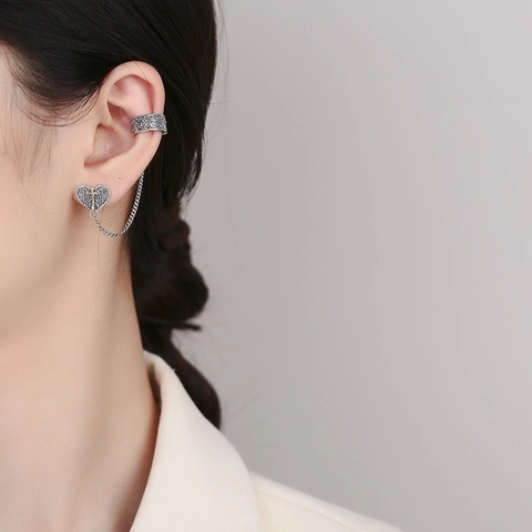 Vintage 925 Argento Sterling Orecchino a Bottone a Cuore Con Ear Cuff Catena Gothic Punk Cuore Croce Gioielli per Donna