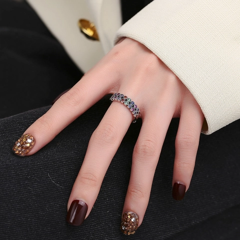Retro 925 Sterling Silver Double Row Colorful Zirconia Adjustable Open Ring For Women Personalized Fashion Jewelry Gift
