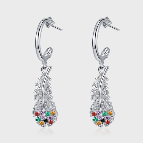 925 Sterling Silver Feather Drop Earrings Vintage Tang Grass Pattern With Multi-Color Rhinestones Bohemian Jewelry For Women