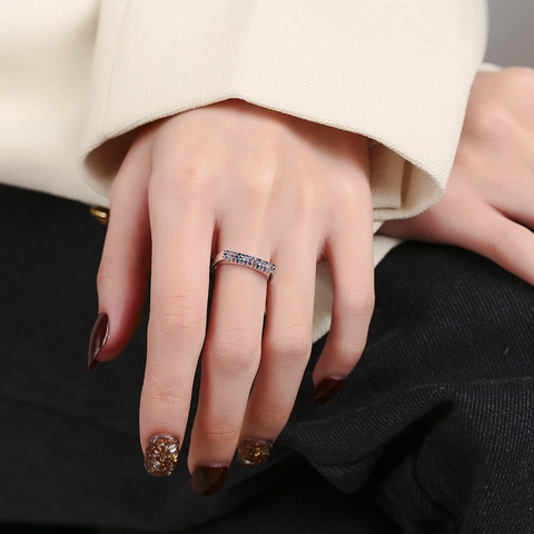 Vintage 925 Sterling Silver Double Row Multi-color Rhinestone Adjustable Open Ring For Women Fashion Jewelry Accessory