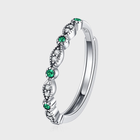 Anello Regolabile in Argento Sterling 925 Elegante Onda con Strass Verdi e Bianchi Intarsiati Anello Aperto Gioielli da Donna