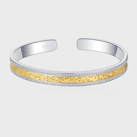 Bracciale Rigido Aperto in Argento Sterling 925 Bicolore Oro Motivo Arabesco con Strass per Donna Gioielli di Moda Lusso