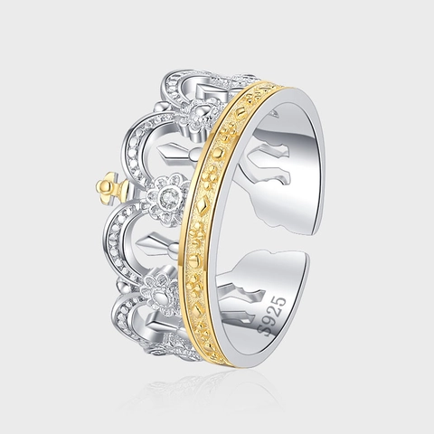 925 Sterling Zilver Tweekleurige Kroon Open Ring Voor Dames Vintage Niche Ontwerp Verstelbare Strass Statement Vingerring