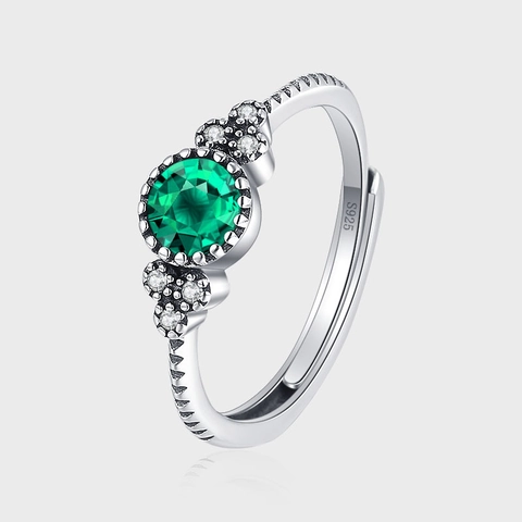 Anello Aperto Vintage in Argento Sterling 925 con Strass Verde Rotondo per Donna Anello Regolabile Minimalista Regalo Gioielli