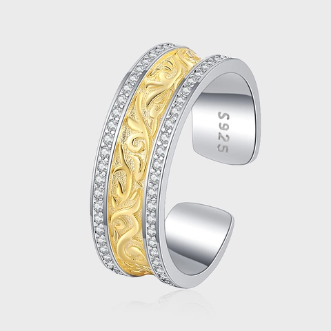 Anillo Abierto de Plata de Ley 925 Vintage para Mujer Chapado en Oro Arabescos Strass Ajustable Joyas Retro Lujo