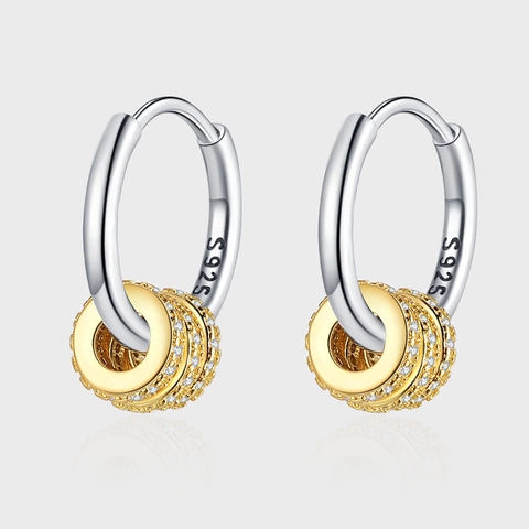 Minimalist 925 Sterling Silver Hoop Earrings Gold Silver Two Tone Triple Ring Rhinestone Inlaid Ear Buckle Niche Jewelry