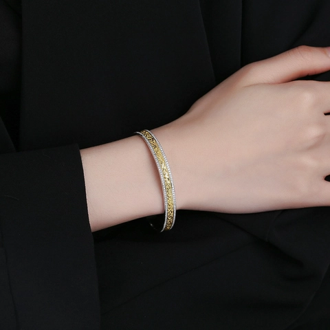 Bracciale Rigido Aperto in Argento Sterling 925 Bicolore Oro Motivo Arabesco con Strass per Donna Gioielli di Moda Lusso