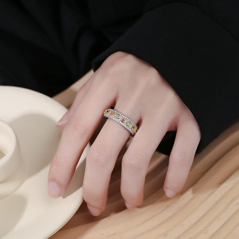 Women S925 Sterling Silver Adjustable Open Ring With Multicolored Rhinestone Two-Tone Gold Silver Plated Geometric Ring Jewelry