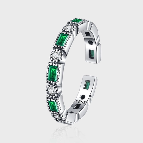 Vintage 925 Sterling Zilver Smaragdgroen Strass Open Ring Elegant Verstelbare Ring Sieraden Vrouwen