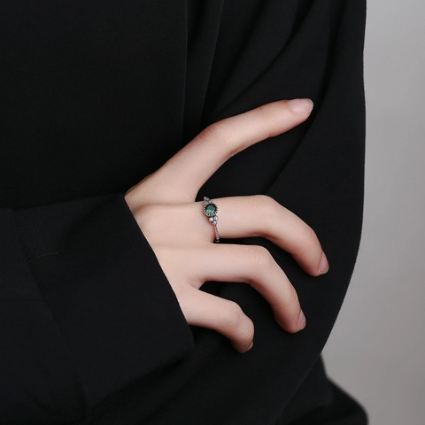 Anello Aperto Vintage in Argento Sterling 925 con Strass Verde Rotondo per Donna Anello Regolabile Minimalista Regalo Gioielli