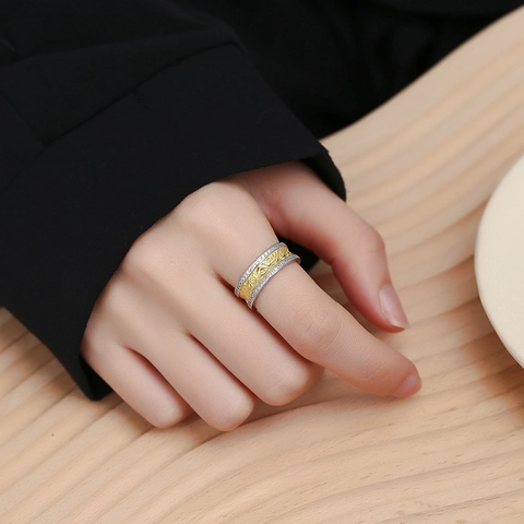 Anillo Abierto de Plata de Ley 925 Vintage para Mujer Chapado en Oro Arabescos Strass Ajustable Joyas Retro Lujo