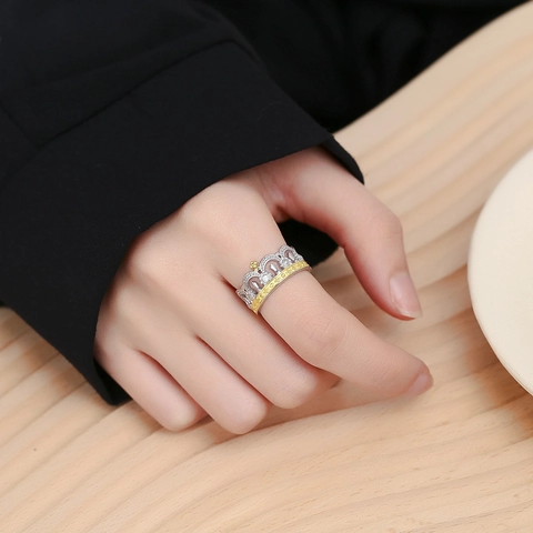 925 Sterling Zilver Tweekleurige Kroon Open Ring Voor Dames Vintage Niche Ontwerp Verstelbare Strass Statement Vingerring