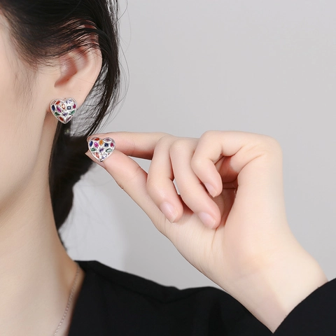 Vintage 925 Sterlingsilber Herz Ohrstecker Für Damen Mehrfarbig Strass Elegant Temperament Schmuck Herzförmige Ohrringe