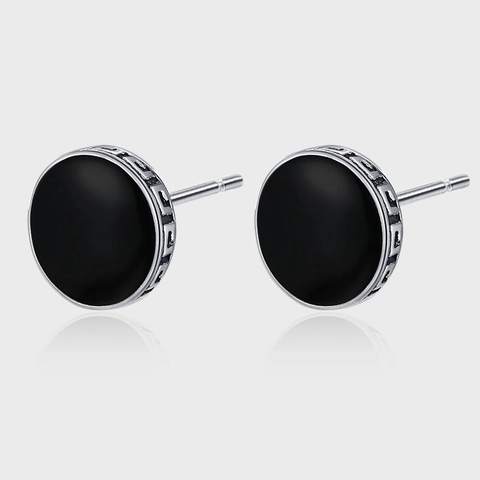 Vintage S925 Sterling Silver Round Stud Earrings For Men Women Black Enamel Greek Key Pattern Minimalist Unisex Fashion Jewelry Gift