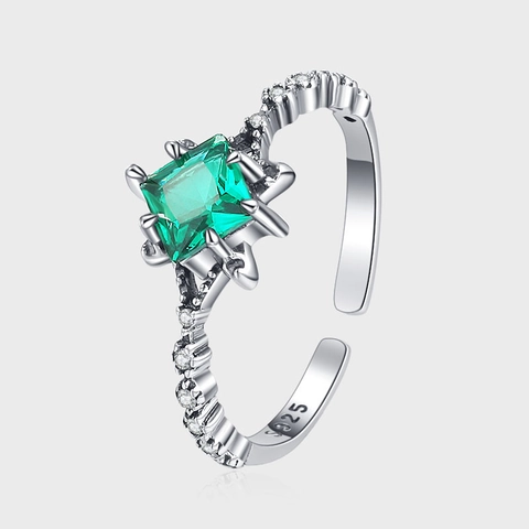 Anillo Abierto de Plata de Ley S925 Vintage con Circonia Verde Elegante Lujo Cuadrado Talla Esmeralda Ajustable Joyería Mujer