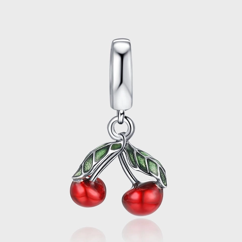 Ciondolo Ciliegia Rossa Dolce in Argento Sterling 925 Elegante Charm Frutta Smaltato per Donna Ragazza Accessorio Gioielli Senza Catena