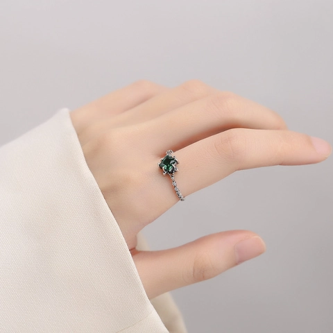 Anillo Abierto de Plata de Ley S925 Vintage con Circonia Verde Elegante Lujo Cuadrado Talla Esmeralda Ajustable Joyería Mujer