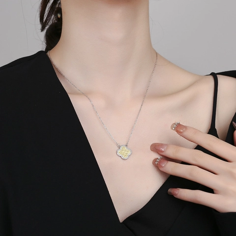S925 Sterling Silver Arabesque Four-Leaf Clover Necklace Two-Tone Gold Plated Rhinestone Pendant Elegant Jewelry For Women