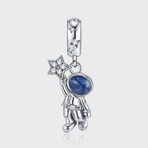 Colgante de Astronauta y Estrella de Plata de Ley 925 Acabado Antiguo Amuleto Explorador Espacial Mujer Estrás Esmalte Azul Joyas