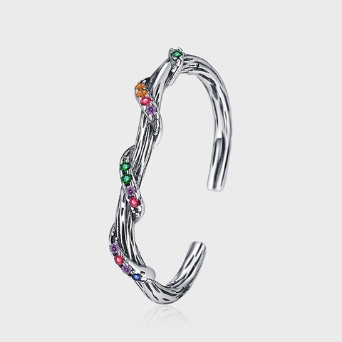 S925 Sterling Silver Withered Branch Adjustable Ring Retro Minimalist Design Multi-colored Zirconia Vine Jewelry For Women