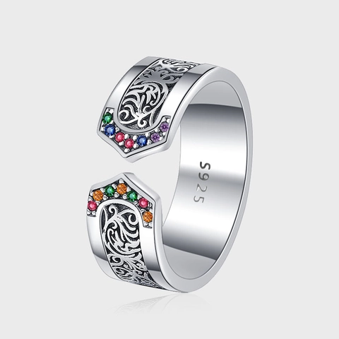 Vintage S925 Sterling Silver Open Ring For Women Colorful Rhinestone Inlaid Arabesque Texture Adjustable Jewelry Finger Ring