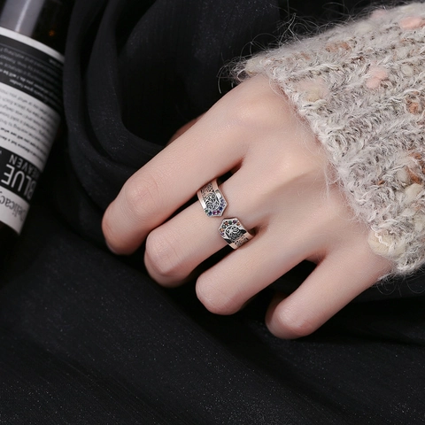 Vintage S925 Sterling Silver Open Ring For Women Colorful Rhinestone Inlaid Arabesque Texture Adjustable Jewelry Finger Ring