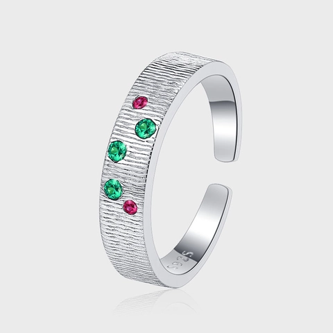 925 Sterling Silver Ring For Women Multi Color Zirconia Inlaid Brushed Texture Bark Pattern Adjustable Open Finger Ring Jewelry