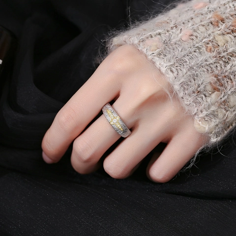 Anillo De Plata De Ley 925 Para Mujer Estrella Cruzada Bicolor Bañado En Oro Circón Incrustado Banda De Dedo Texturizada