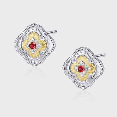 925 Sterling Silver Two-Tone Gold Silver Clover Stud Earrings For Women Elegant Red Zirconia Flower Inlaid Fashion Jewelry