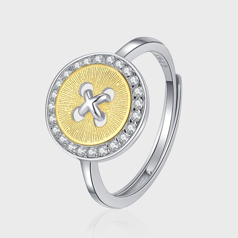 Ensemble de Bijoux Bouton en Argent Sterling 925 Tons Or et Argent Strass Boucles d'Oreilles Collier Bague Réglable Femme