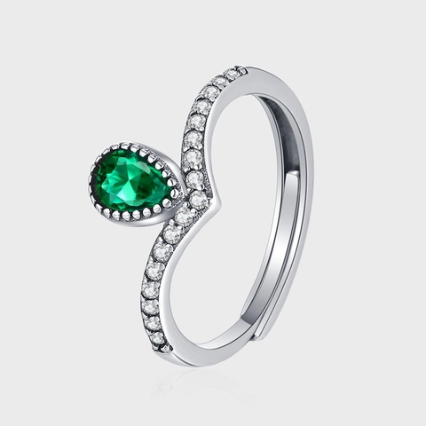 Anello in Argento Sterling 925 con Zirconia Verde Smeraldo Pavé per Donna Design a V Minimalista Regolabile Aperto Gioielli Moda