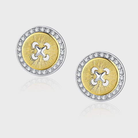 Boucles d'Oreilles Clous Bouton en Argent Sterling 925 pour Femme Bicolore Or Argent Strass Incrusté Géométrique Rond Bijoux