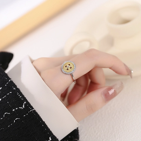 Elegant 925 Sterling Silver Button Open Ring Two-Tone Gold Silver Rhinestone Adjustable Ring Fashion Jewelry Women Gift