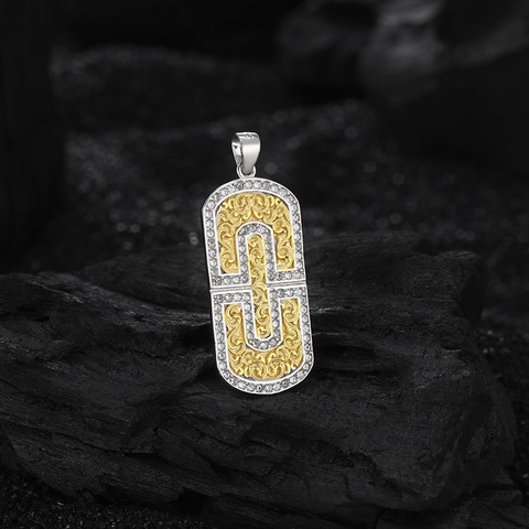 Ciondolo in Argento Sterling 925 Motivo Erba Tang Vintage Lusso Bicolore Oro Argento Strass Rettangolare Geometrico Gioielli Donna