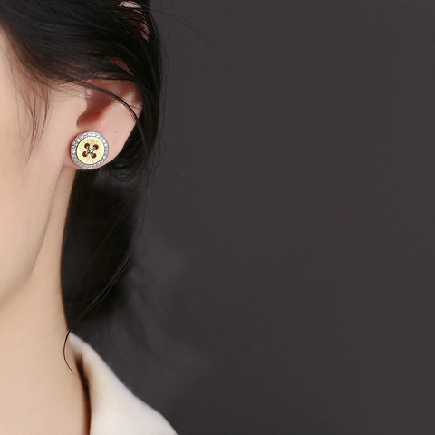 Boucles d'Oreilles Clous Bouton en Argent Sterling 925 pour Femme Bicolore Or Argent Strass Incrusté Géométrique Rond Bijoux