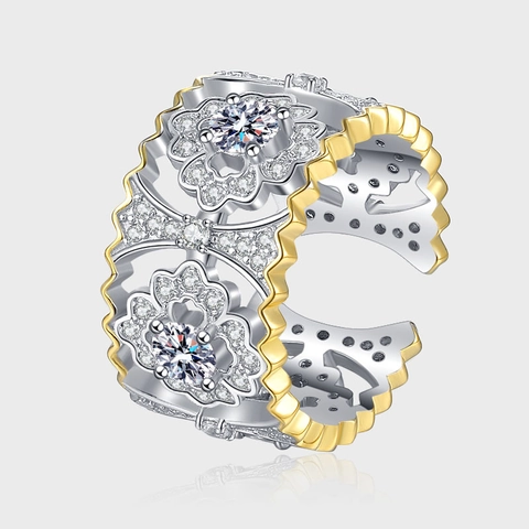 Bague Ouverte en Argent Sterling S925 Bicolore Floral Ajouré Élégant Strass Incrusté Bague Pétale Réglable Bijoux Femme