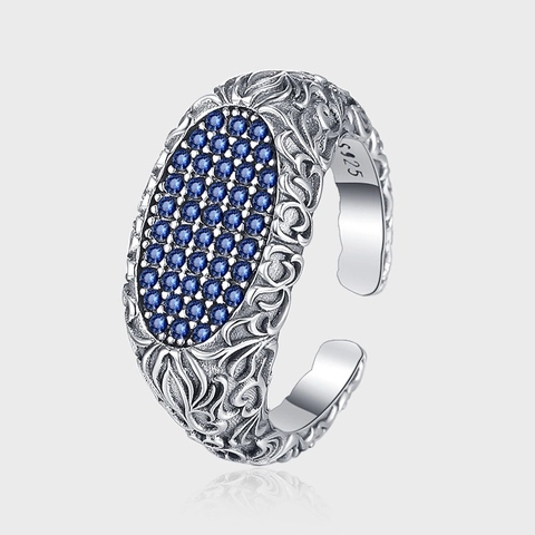 Anello Aperto Vintage in Argento Sterling S925 Con Strass Blu per Donna Texture Incisa Anello Regolabile Gioielli Retro Regalo